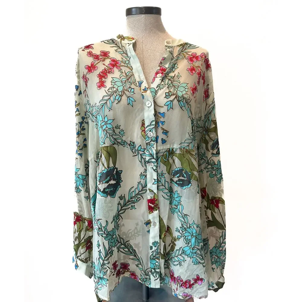 Soft Surroundings Floral Burnout Velvet Sheer Blouse XL Boho - Picture 1 of 11